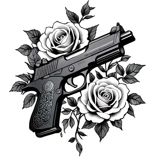 Tec-9 Gun Wrapped In 3 Roses And Vines