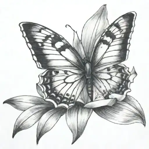 A Black-grey Tattoo Of A Beautiful Butterfly Perched On A Lilly Flower