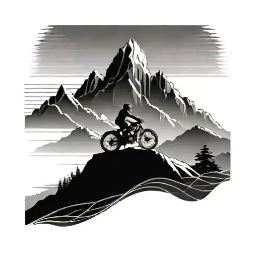 A Geometric Mountain Landscape With A Silhouette Of A Biker Riding Through It