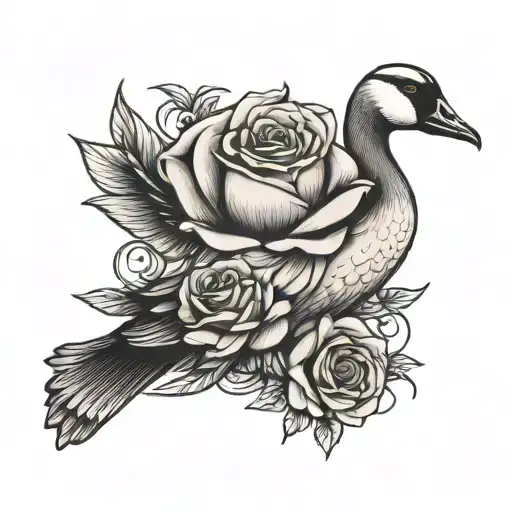 Goose Holding Rose On Beak