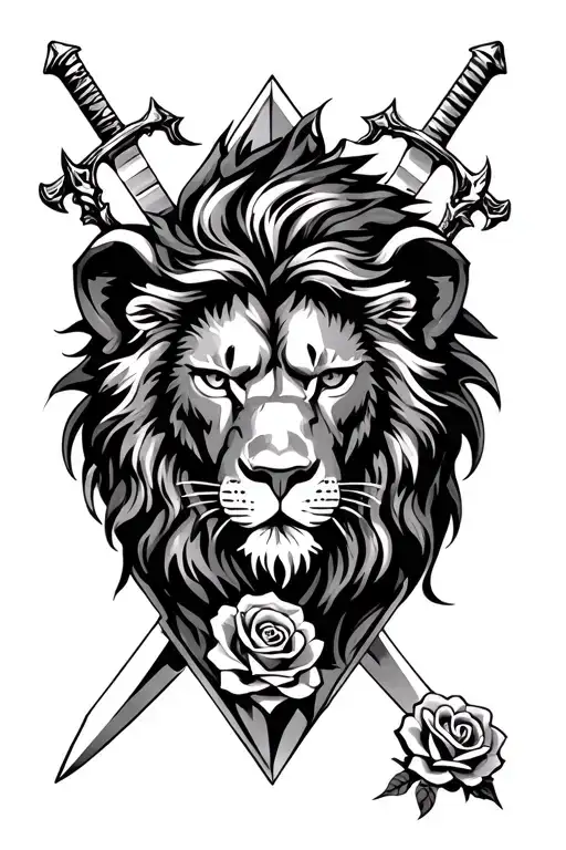 Atitude Lion Face In Diamond Shaped Outline With Roses And Swords