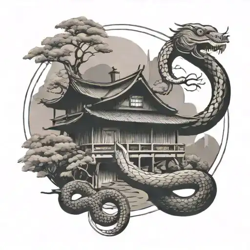 Japanese Houses Landscape With A Snake In Front