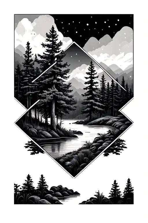 Grays Tatto - Fine Line Rhombus With Overlined Forest Trees And Nature Views