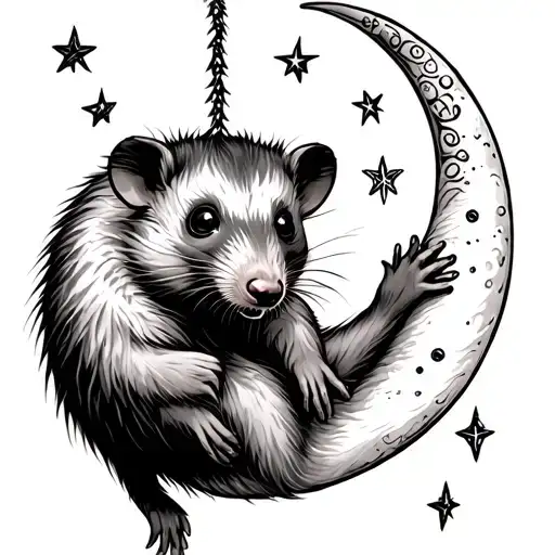 Possum Hanging Upside Down With Crescent Moon Surrounded By Stars