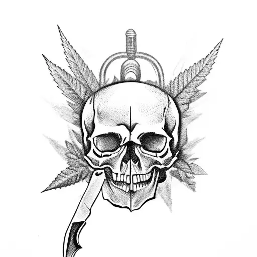 Skull With Karambit Knife And Marihuana Leaf