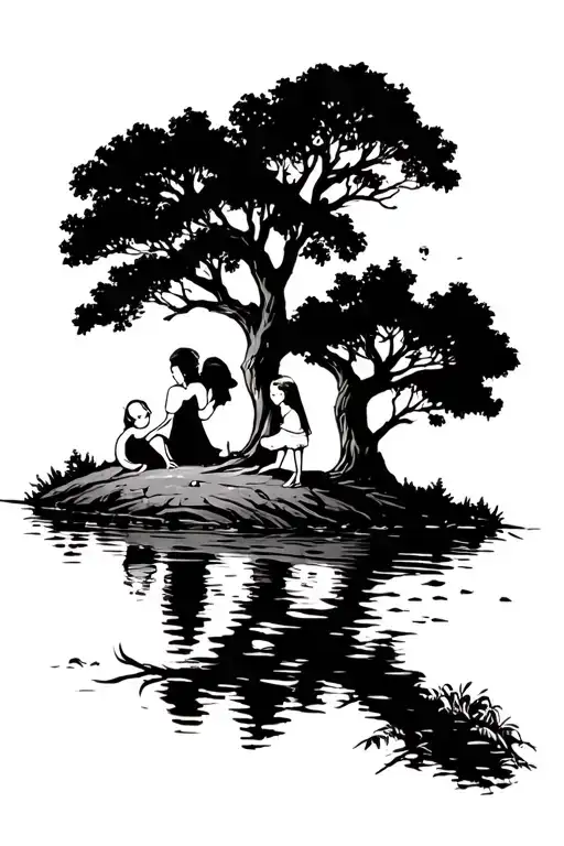 Oak Tree And A Lake With Two Little Girls Sitting And Dad