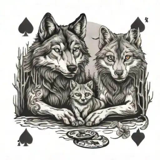 A Wolf And Cat Playing Cards Together In A Forest Setting