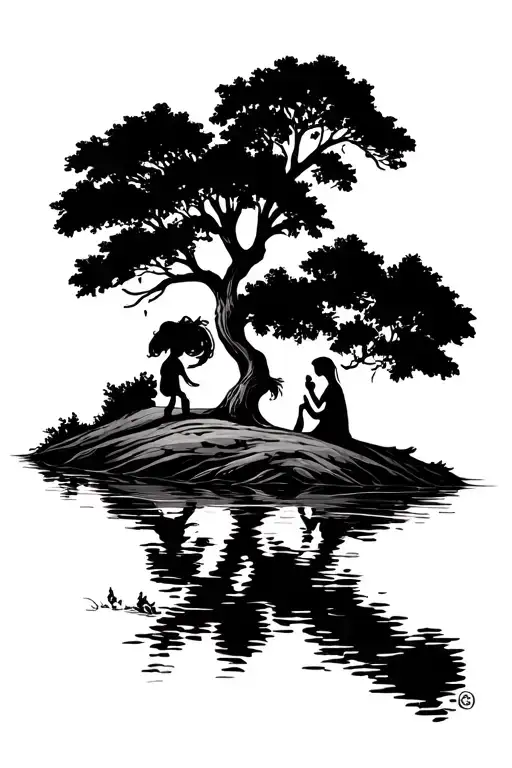 Oak Tree And A Lake With Two Little Girls Sitting Together