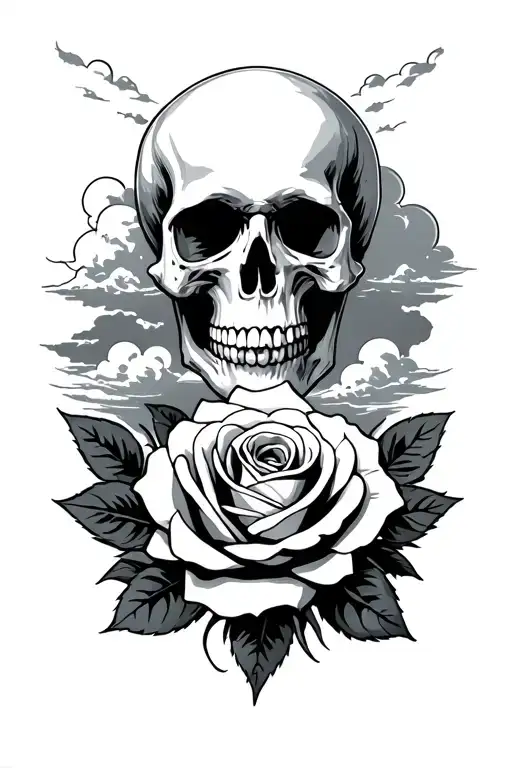 Skull And Rose With Clouds Above