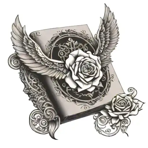 Mandala And Filigree And Rose Wings Holding Open Book Surrounded