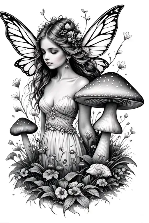 Fairy And Mushroom Garden Sleeve Tattoo Design