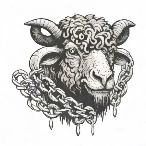 Scary Black Sheep With Madness In Eyes And A Scary Smile With Scars And Trapped In Chains