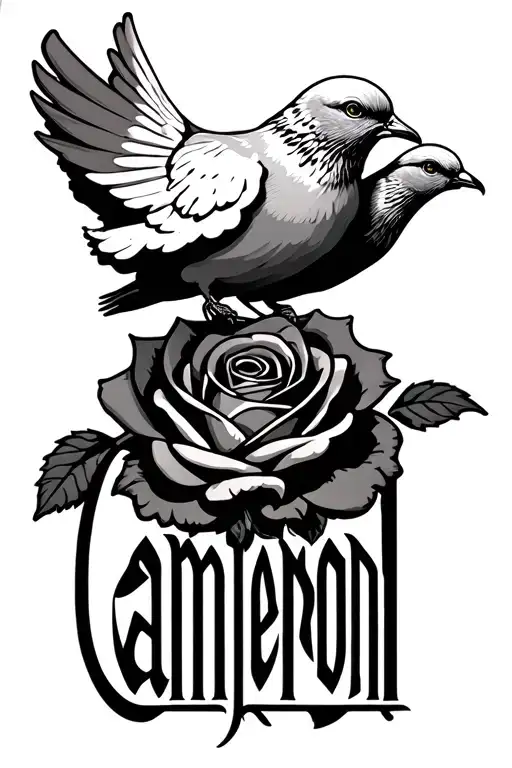Rose With Dove Sitting On Top With The Name Cameron As The Stem
