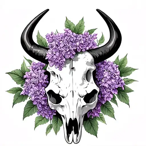 Bull Skull With Lilacs Intertwined Through Skull