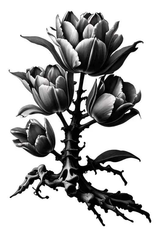 Dead Tulip Tree Made Entirely Of Bones With Real Tulip Blossoms