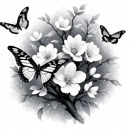 Butterflies Fluttering Around A Blossom Tree