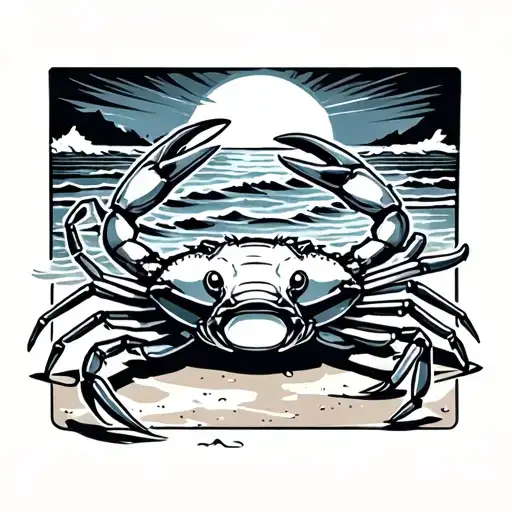 Crab On Beach Looking Aggressive Ready For Combat With Background Waves
