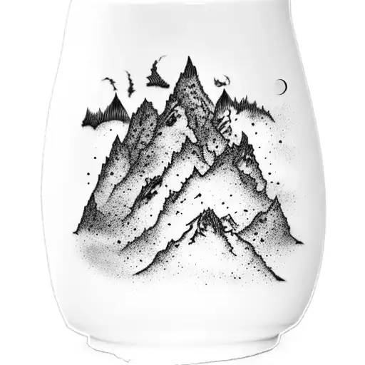 A Surreal Scene Of A Coffee Mug Transforming Into A Tim Burton-esque Mountain Range