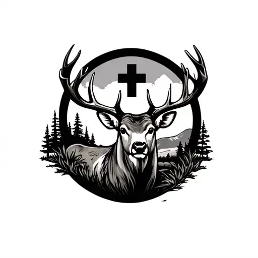 Montana Landscape And Cross And Buck Head In A Circle With The Buck Popping Out For On A Forearm