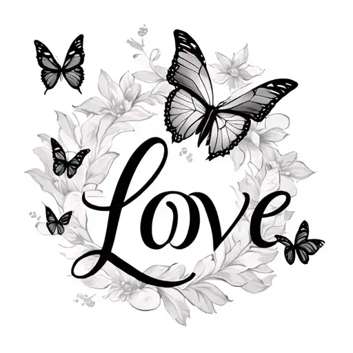 The Word Love In Script With Butterflies Coming Of The End Of It