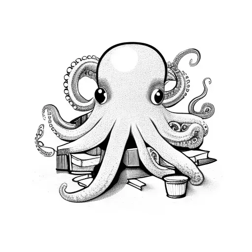 Octopus With A Mustache And A Coffee Mug Sitting On A Pile Of Books