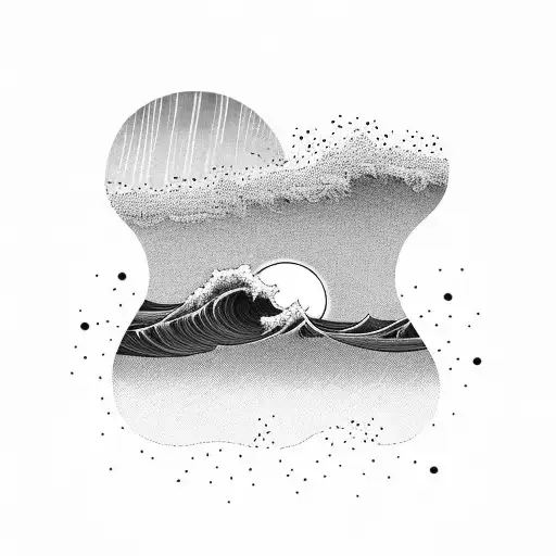 Minimalist Waves Crashing Against Sunset In A Black-grey Style