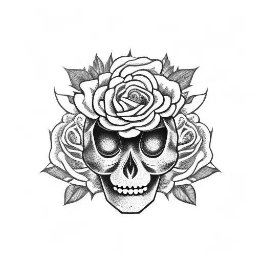 Japanese Mask With Roses And Skull