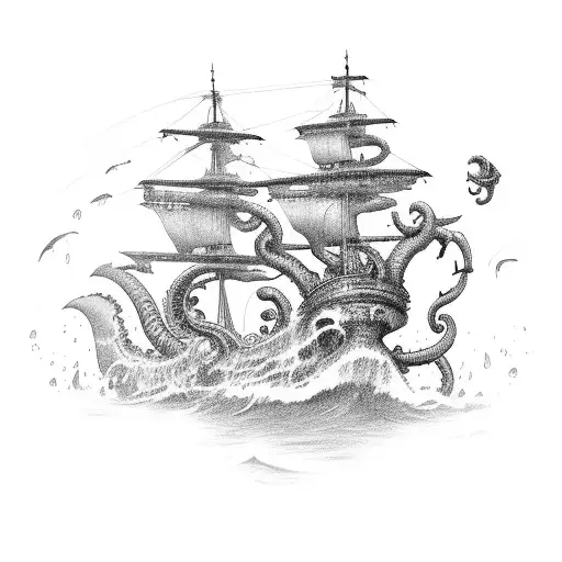 A Ship Being Attacked By A Kraken
