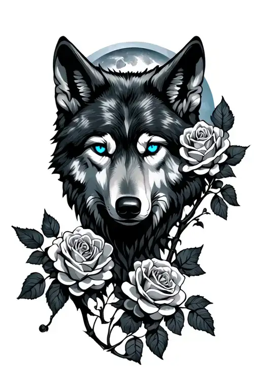 Wolf Head With Blue Eyes Looking Through A Rose Vine With Full Moon Behind Him