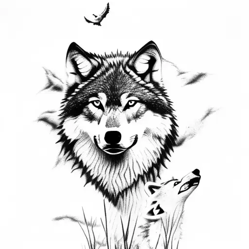 Wolf Walking Through Grass With Cubs