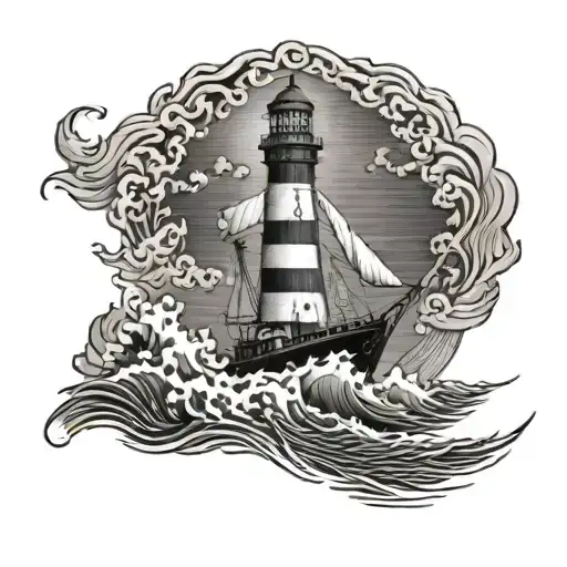 A Ship Sailing Through Stormy Waves With A Lighthouse In The Background