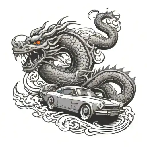 Design A Tattoo Featuring A Traditional Japanese Dragon Wrapped Around A Vintage Car