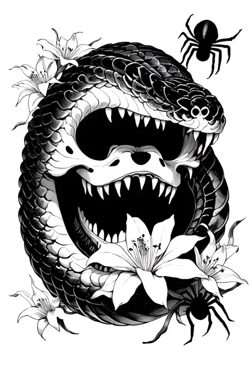 Japanese Onimask With Viper Coiling Out Of The Mouth And Spider Lilies Around It
