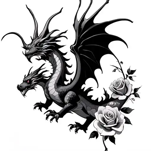Full Dragon In Flight And Roses