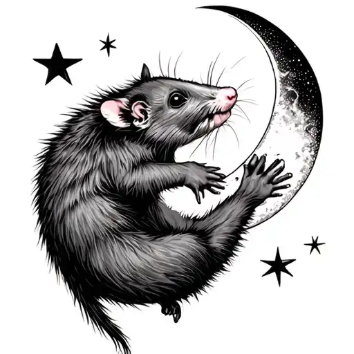 Possum Hanging Upside Down With Crescent Moon Surrounded By Stars
