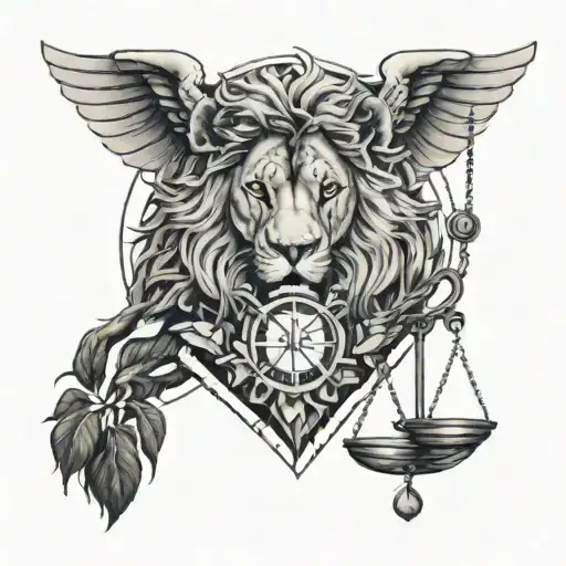 Lion Head And Justice Scales With Life Tree Emerging