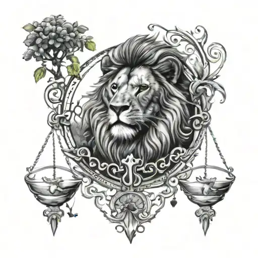 Lion Head And Justice Scales With Life Tree Emerging