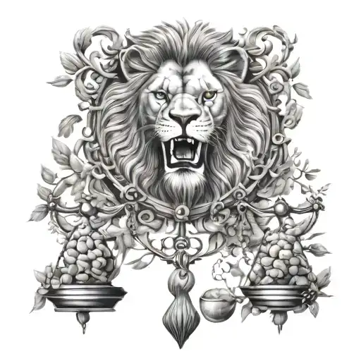 Lion Head And Justice Scales With Life Tree Emerging