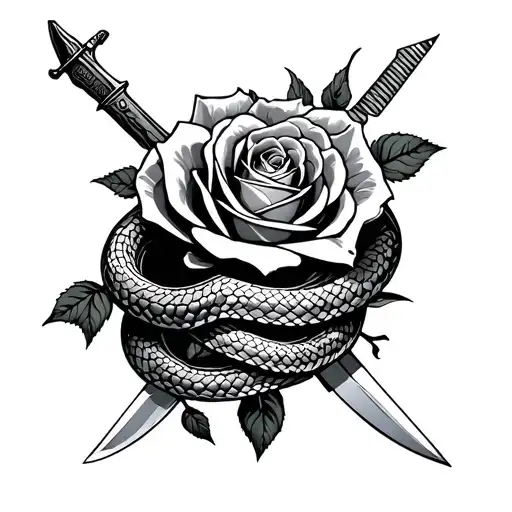 Roses Knives And Snake Wrapped