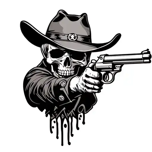 Cowboy Skull Six Shooter Aiming American Traditional