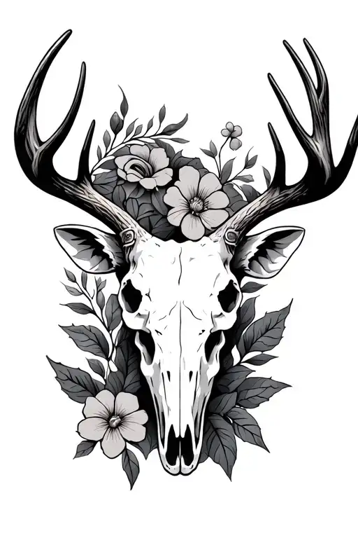 Western Elk Skull Cross Flowers