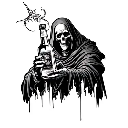 Grim Reaper Holding A Bottle Of Vodka In The Style Of Old Religious Paintings