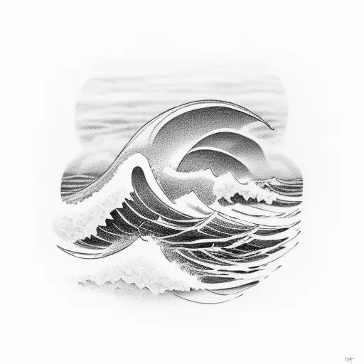 Waves Crashing Against A Minimalist Sunset In A Black-grey Style