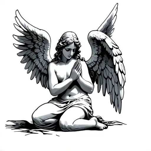 Kneeling Angel Praying With Big Wings