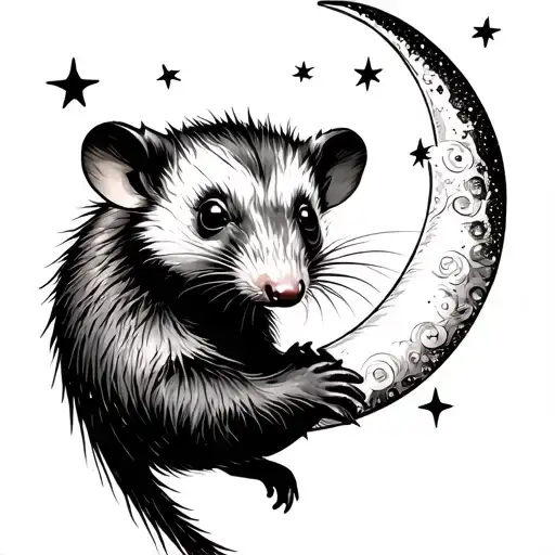 Possum Hanging Upside Down With Crescent Moon Surrounded By Stars