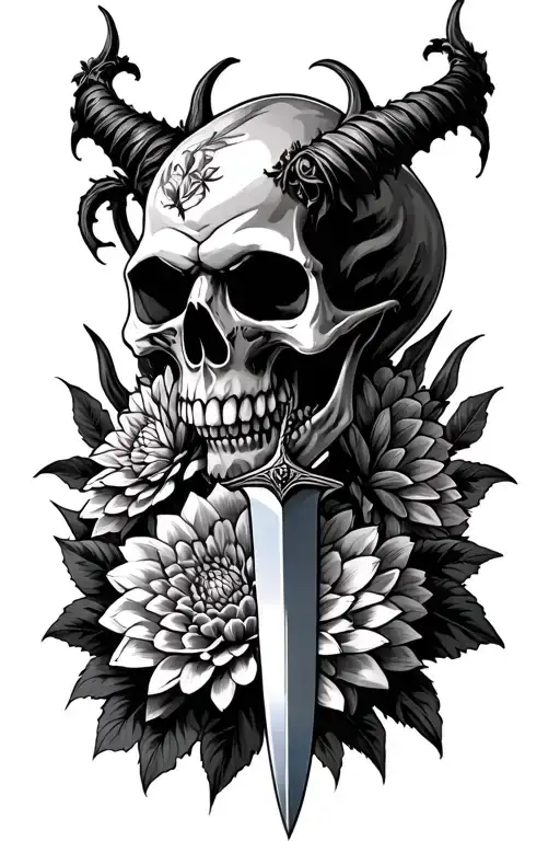 Demon Skull With Dagger Surrounded By Dahliahs