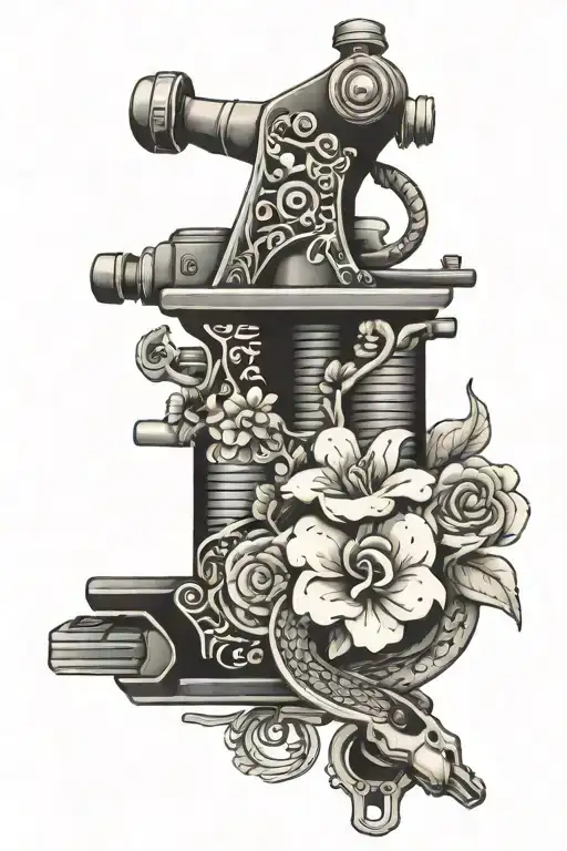 Tattoo Machine With Snake And Flowers