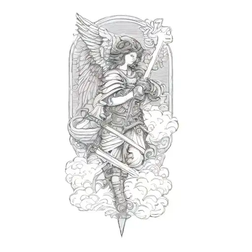 An Angel Holding A Sword In The Clouds