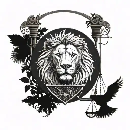 Lion Head And Justice Scales With Life Tree Emerging