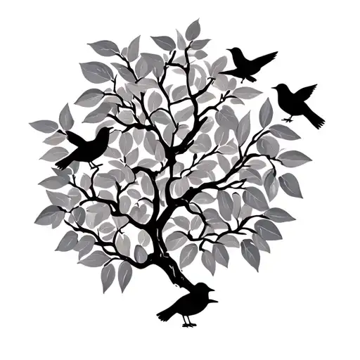 Almond Tree With Leaves And Black Birds
